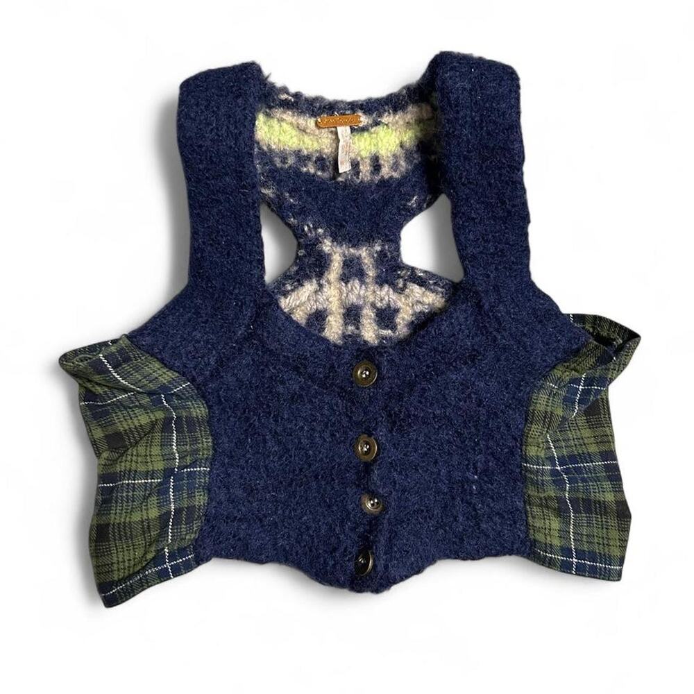XXS Free People patchwork wool and plaid super short crop top vest boho grunge